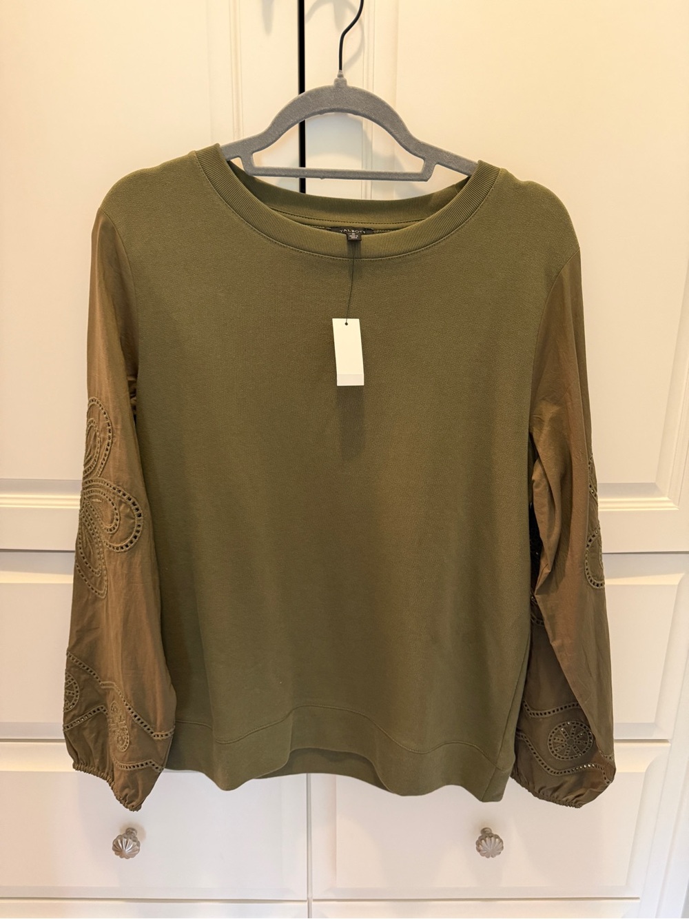 Olive Green Women’s Pullover Top with Embroidered Balloon Sleeves